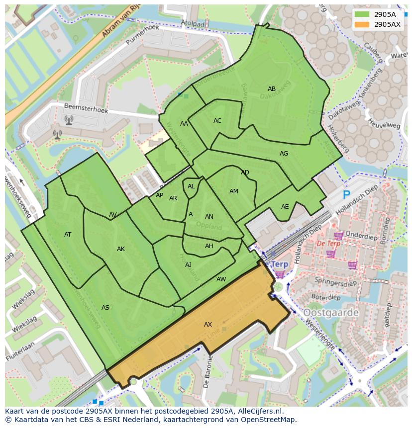 Afbeelding van het postcodegebied 2905 AX op de kaart.