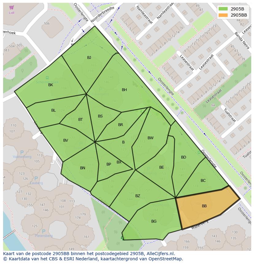 Afbeelding van het postcodegebied 2905 BB op de kaart.
