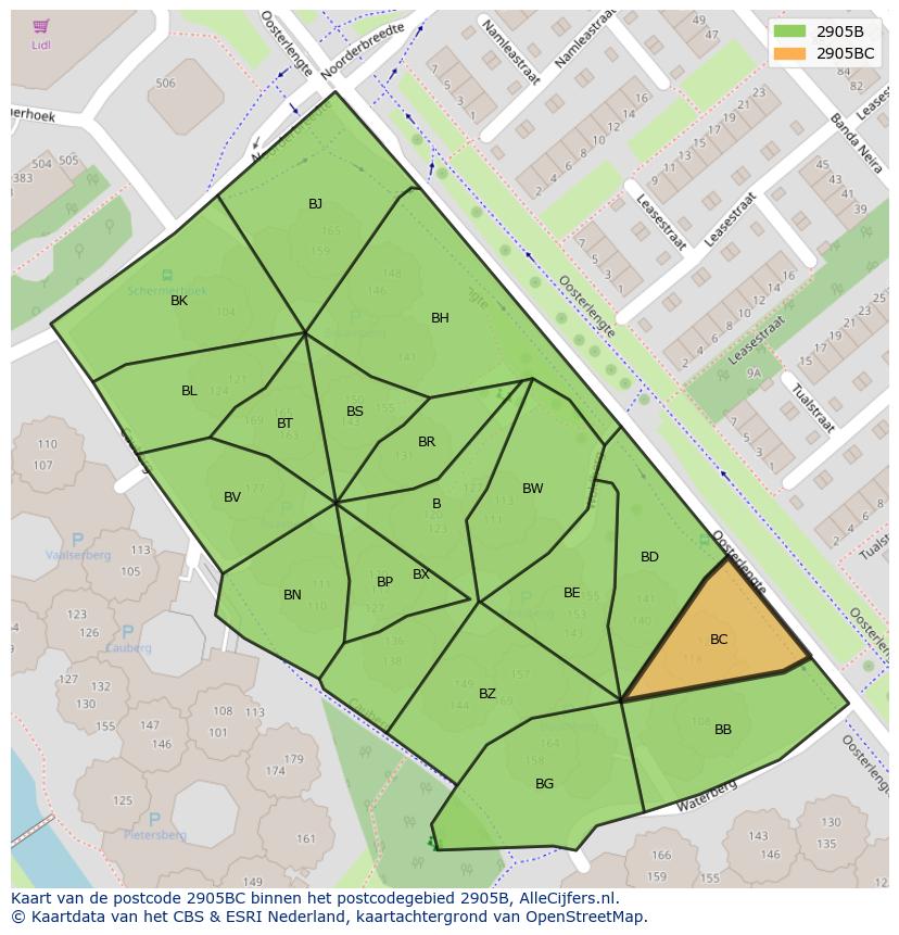 Afbeelding van het postcodegebied 2905 BC op de kaart.