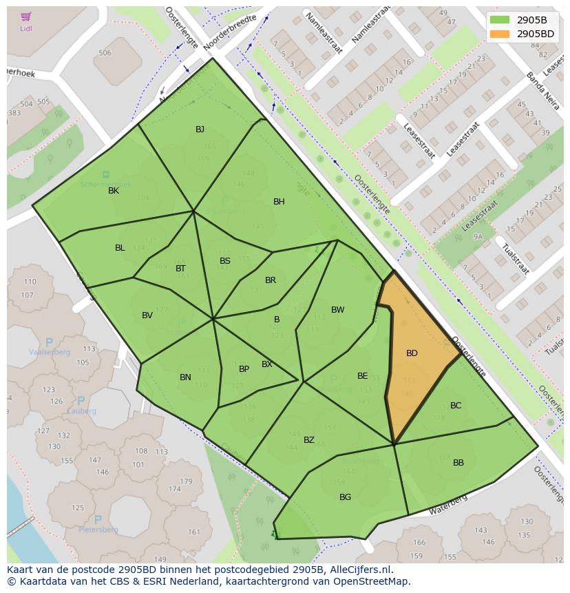 Afbeelding van het postcodegebied 2905 BD op de kaart.