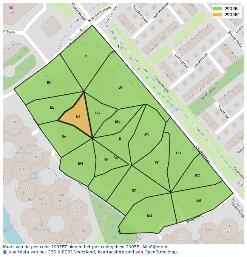 Afbeelding van het postcodegebied 2905 BT op de kaart.
