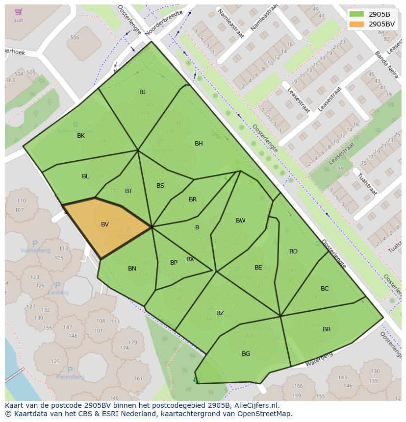 Afbeelding van het postcodegebied 2905 BV op de kaart.