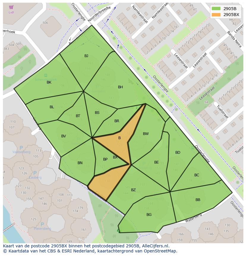 Afbeelding van het postcodegebied 2905 BX op de kaart.