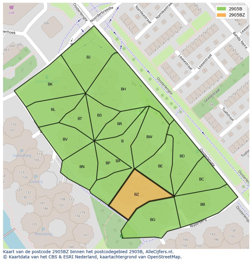 Afbeelding van het postcodegebied 2905 BZ op de kaart.