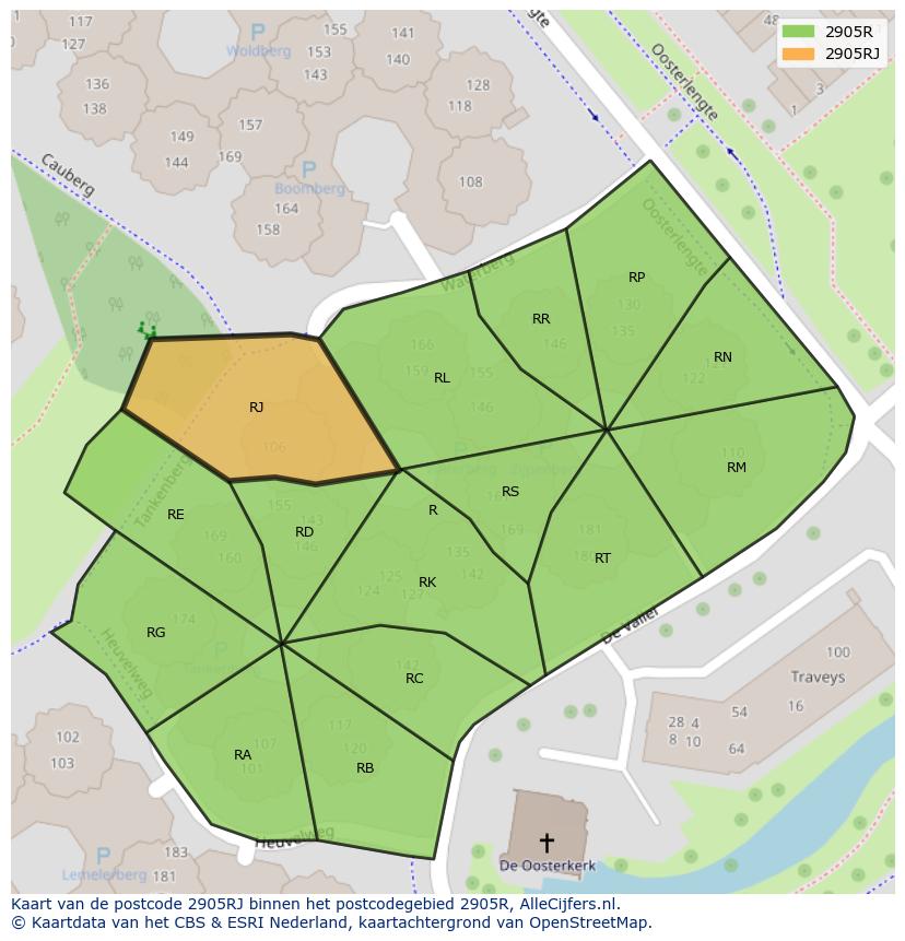 Afbeelding van het postcodegebied 2905 RJ op de kaart.