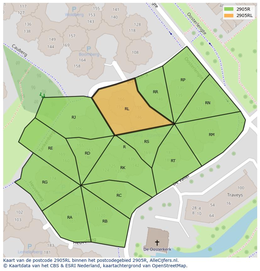 Afbeelding van het postcodegebied 2905 RL op de kaart.
