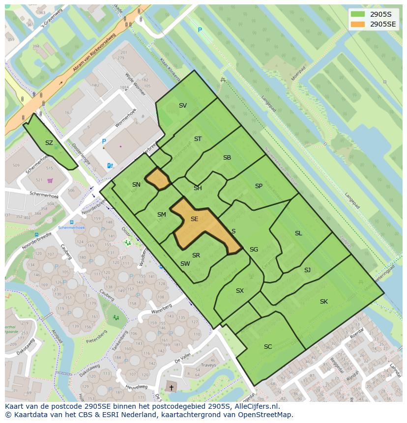 Afbeelding van het postcodegebied 2905 SE op de kaart.