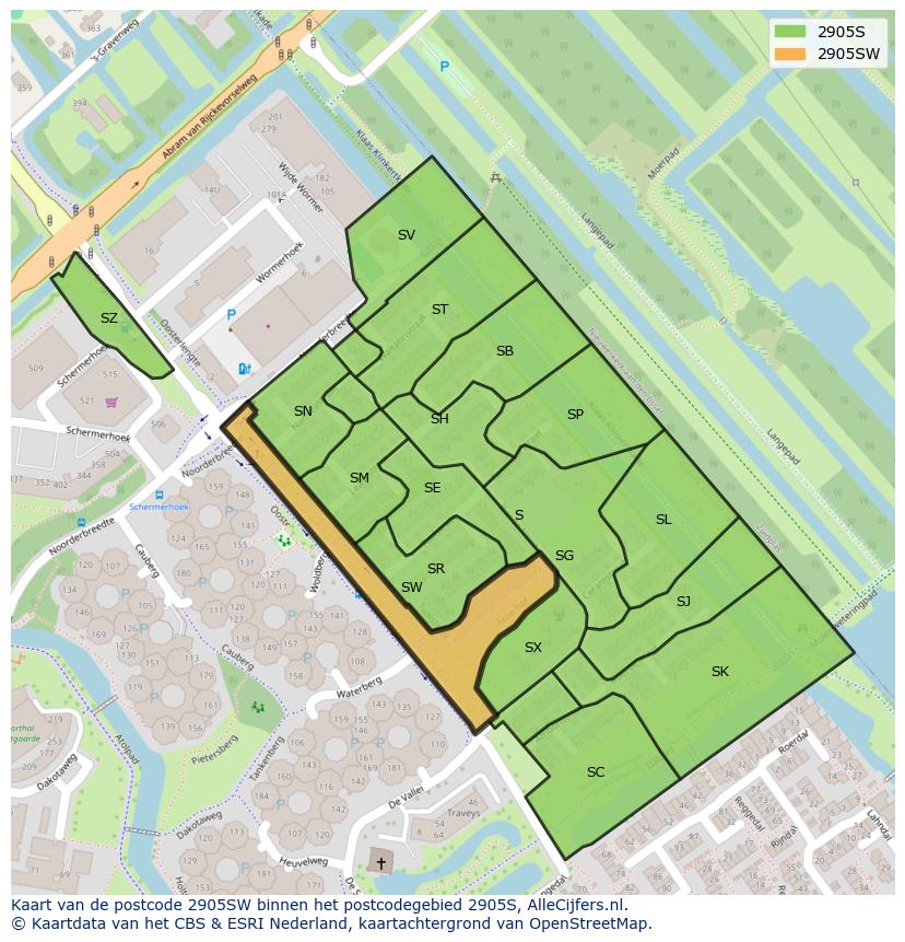 Afbeelding van het postcodegebied 2905 SW op de kaart.