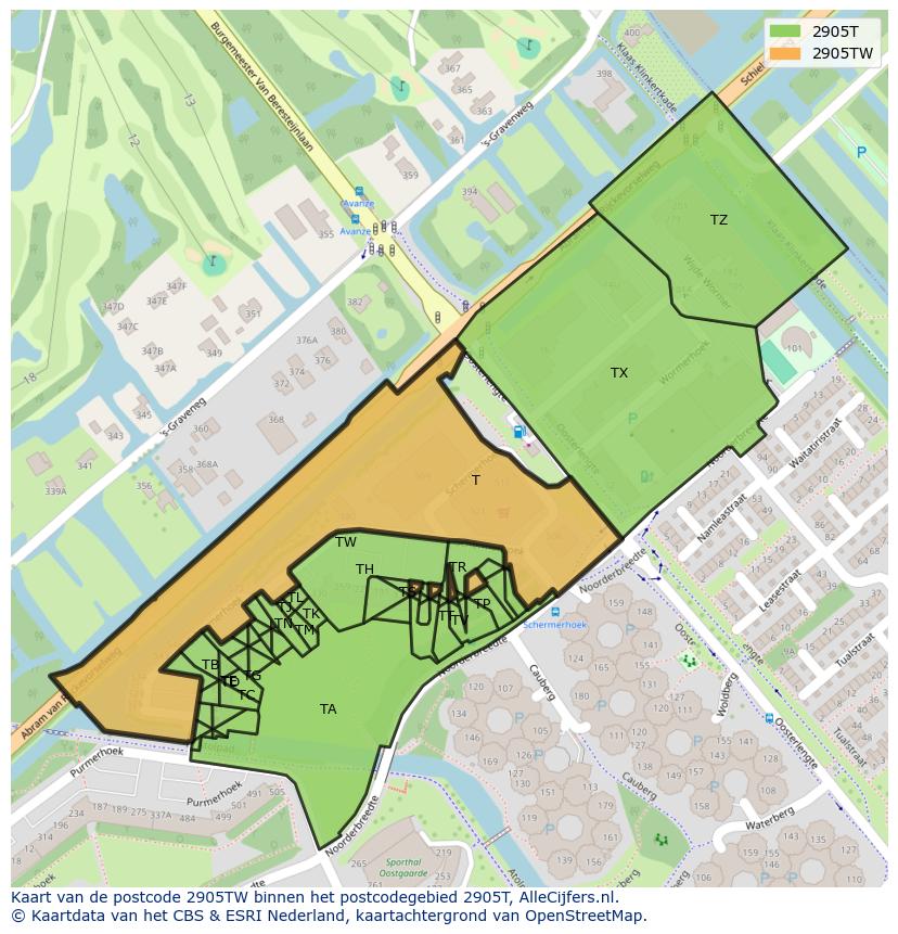 Afbeelding van het postcodegebied 2905 TW op de kaart.