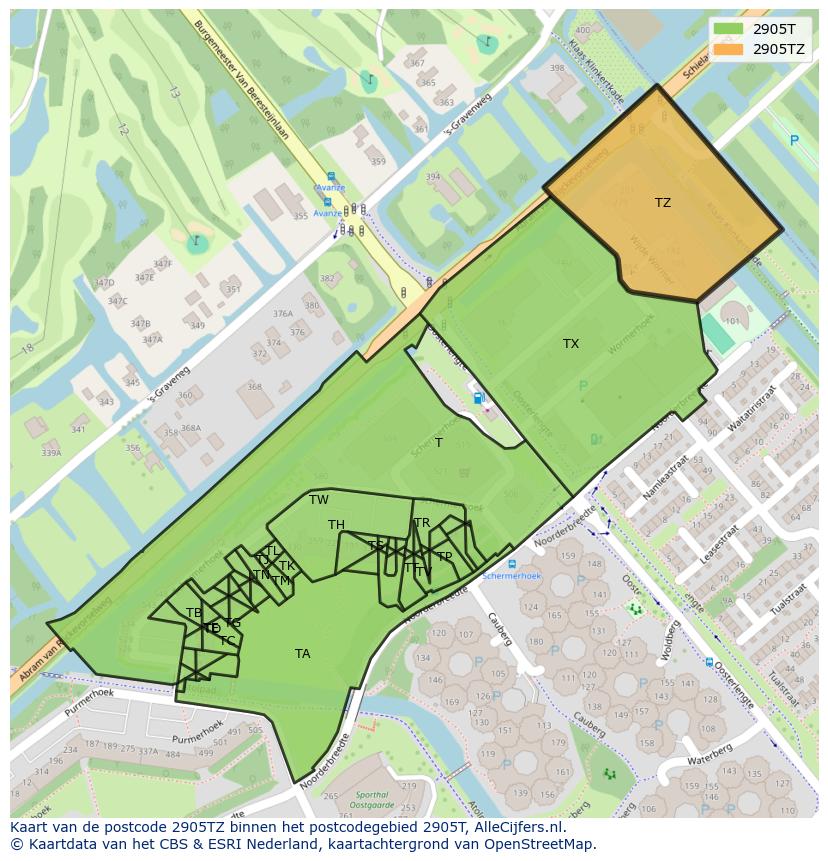 Afbeelding van het postcodegebied 2905 TZ op de kaart.