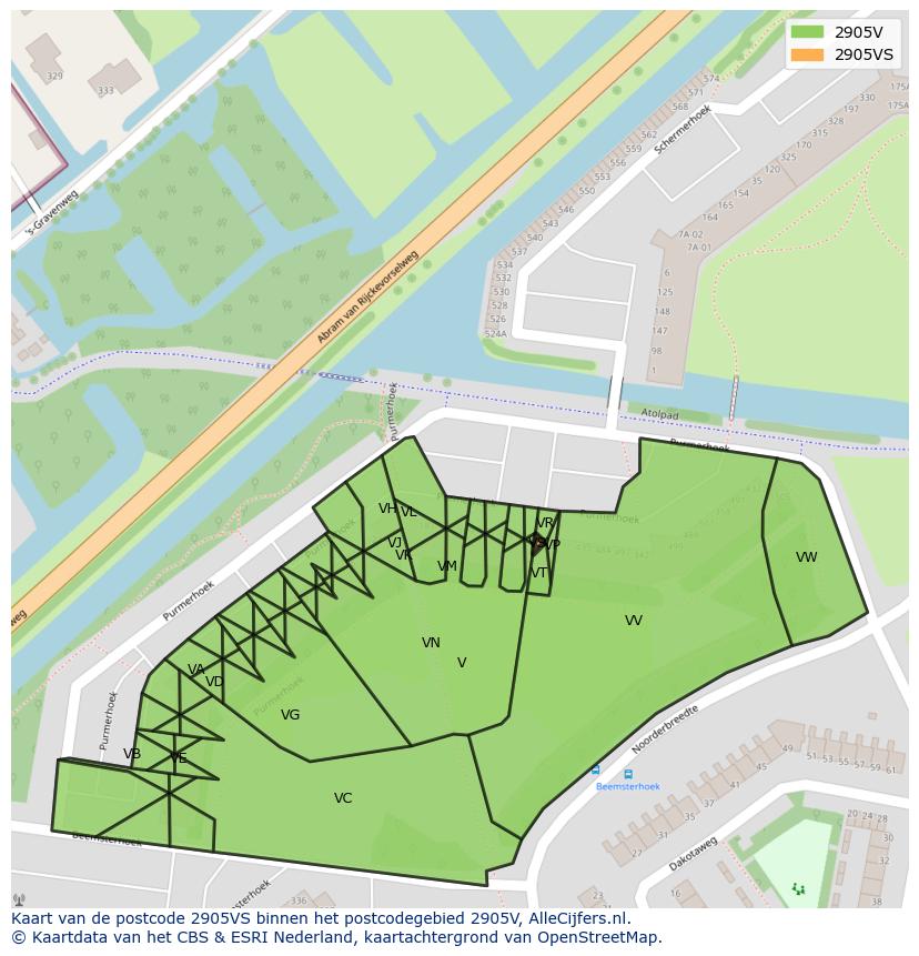 Afbeelding van het postcodegebied 2905 VS op de kaart.