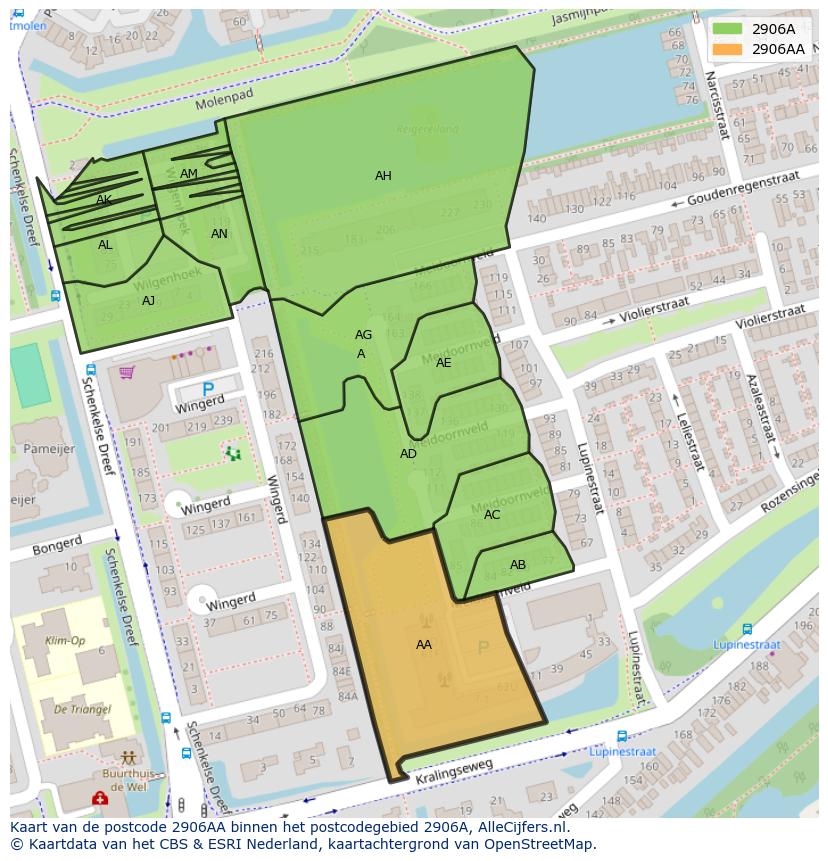 Afbeelding van het postcodegebied 2906 AA op de kaart.