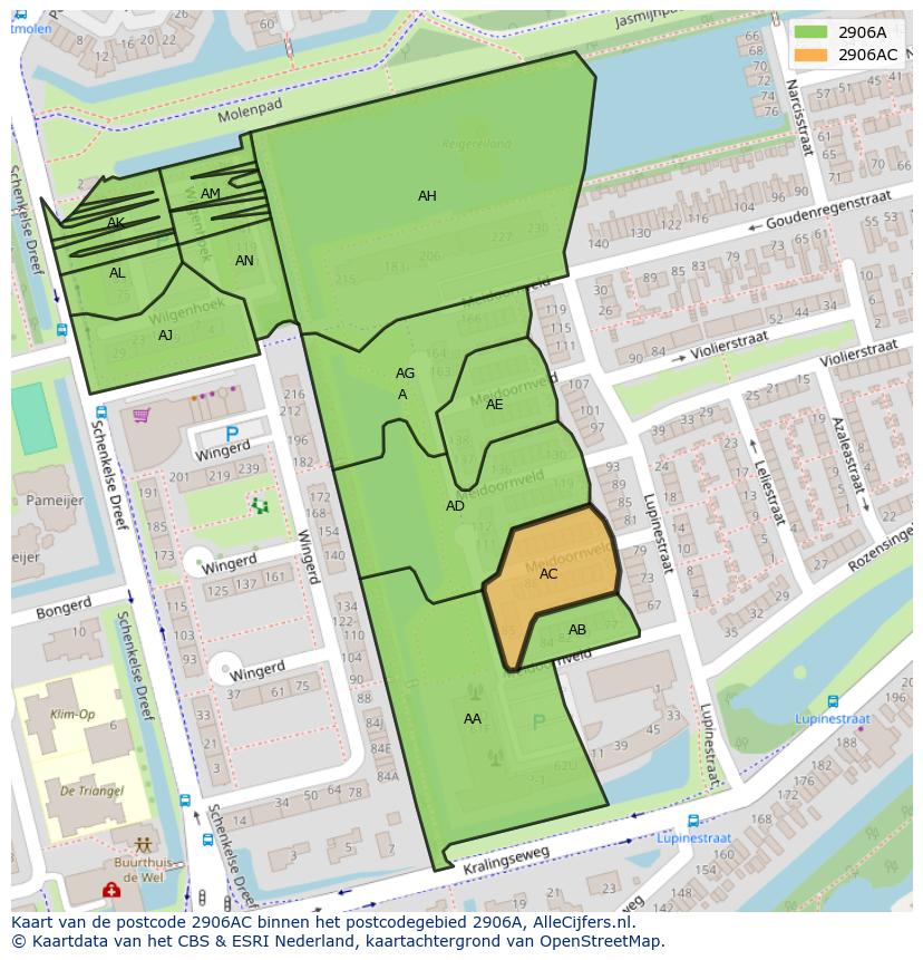 Afbeelding van het postcodegebied 2906 AC op de kaart.