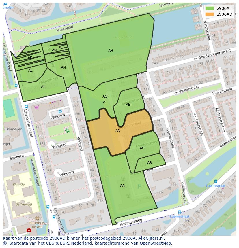 Afbeelding van het postcodegebied 2906 AD op de kaart.