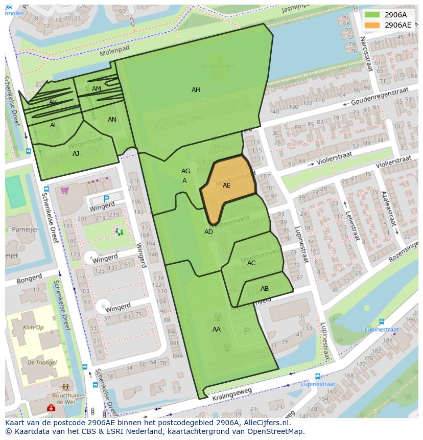 Afbeelding van het postcodegebied 2906 AE op de kaart.