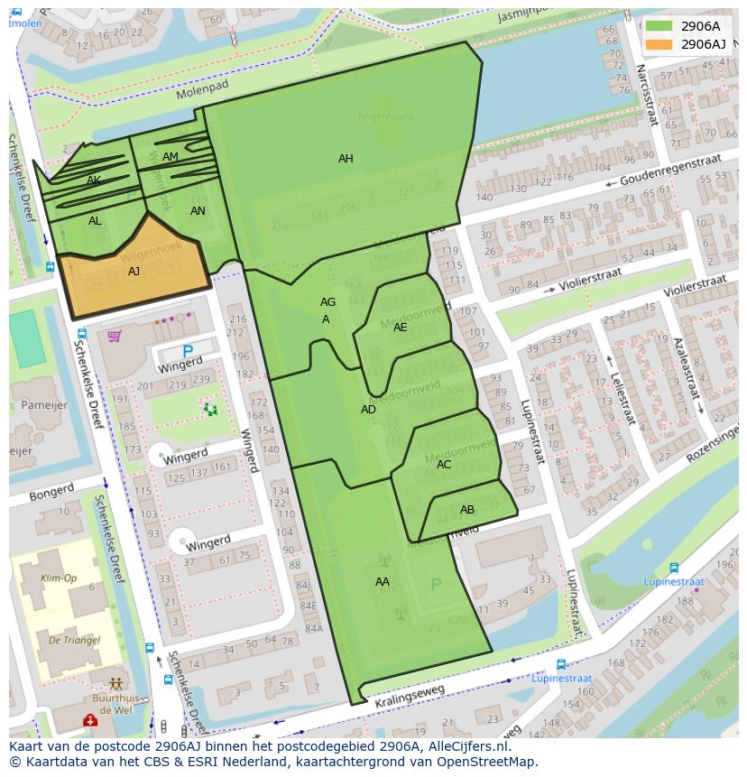Afbeelding van het postcodegebied 2906 AJ op de kaart.