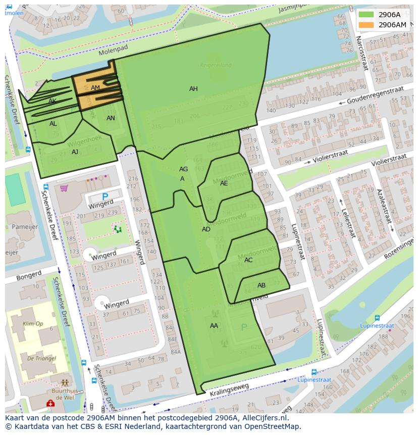 Afbeelding van het postcodegebied 2906 AM op de kaart.