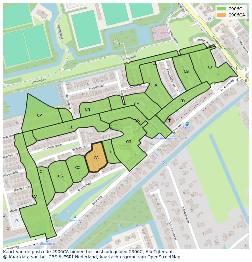 Afbeelding van het postcodegebied 2906 CA op de kaart.