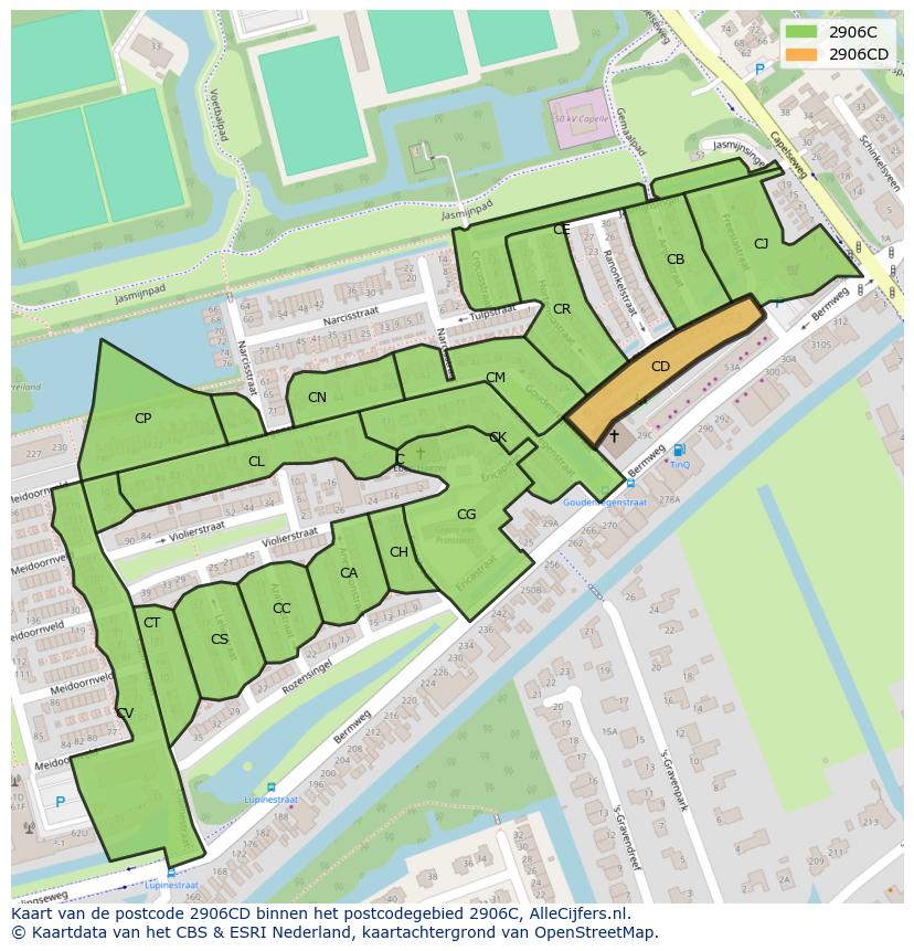 Afbeelding van het postcodegebied 2906 CD op de kaart.