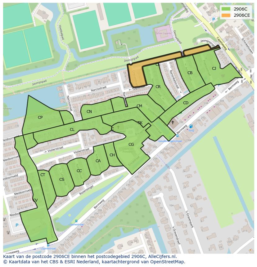 Afbeelding van het postcodegebied 2906 CE op de kaart.