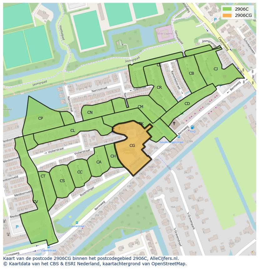 Afbeelding van het postcodegebied 2906 CG op de kaart.