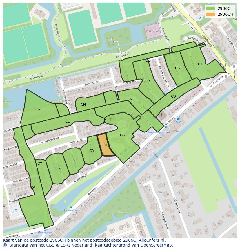 Afbeelding van het postcodegebied 2906 CH op de kaart.