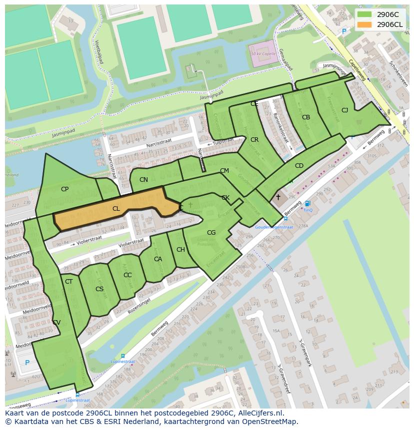 Afbeelding van het postcodegebied 2906 CL op de kaart.