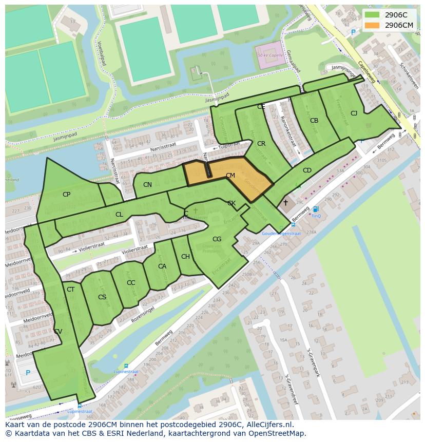 Afbeelding van het postcodegebied 2906 CM op de kaart.