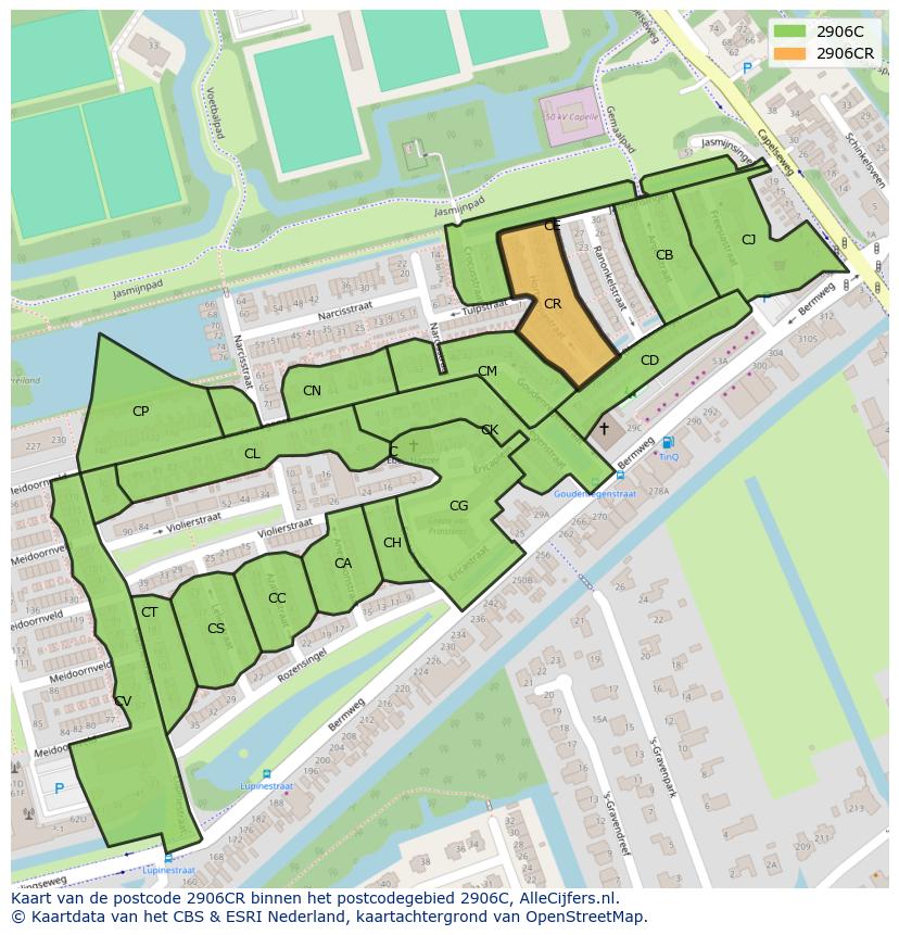 Afbeelding van het postcodegebied 2906 CR op de kaart.