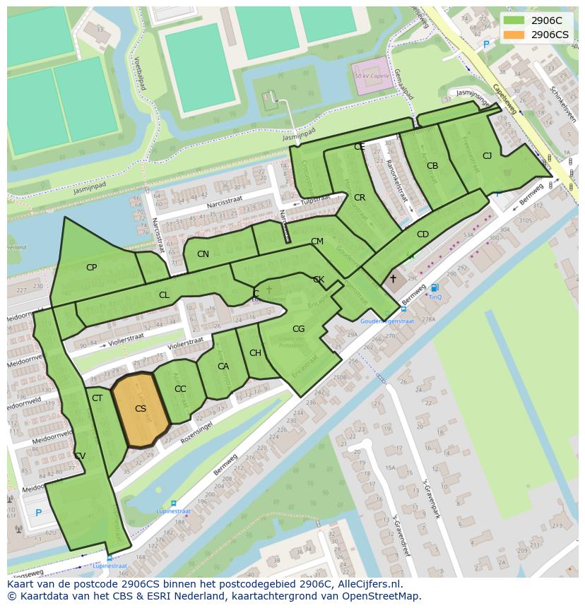 Afbeelding van het postcodegebied 2906 CS op de kaart.