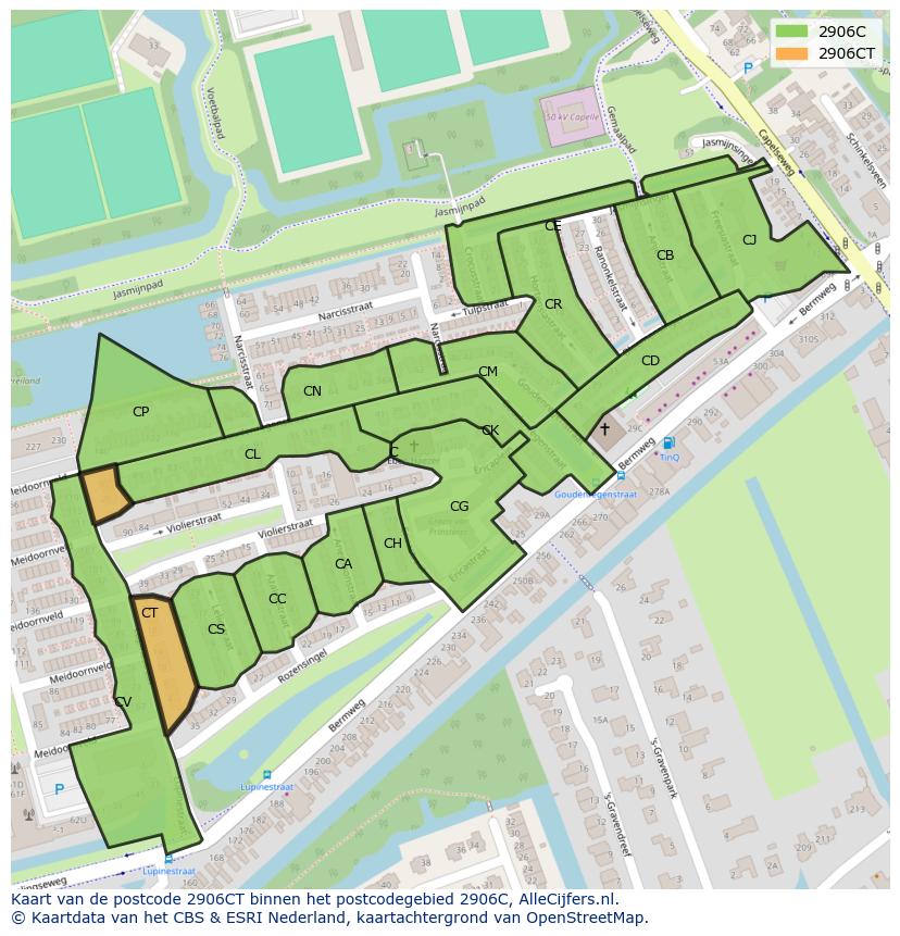 Afbeelding van het postcodegebied 2906 CT op de kaart.