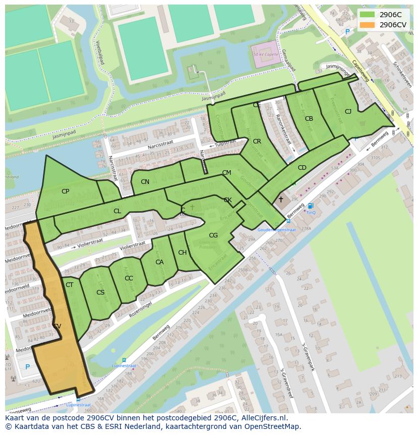 Afbeelding van het postcodegebied 2906 CV op de kaart.