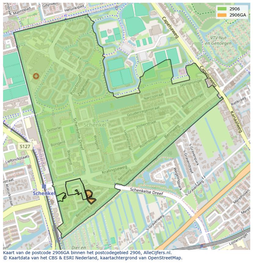 Afbeelding van het postcodegebied 2906 GA op de kaart.