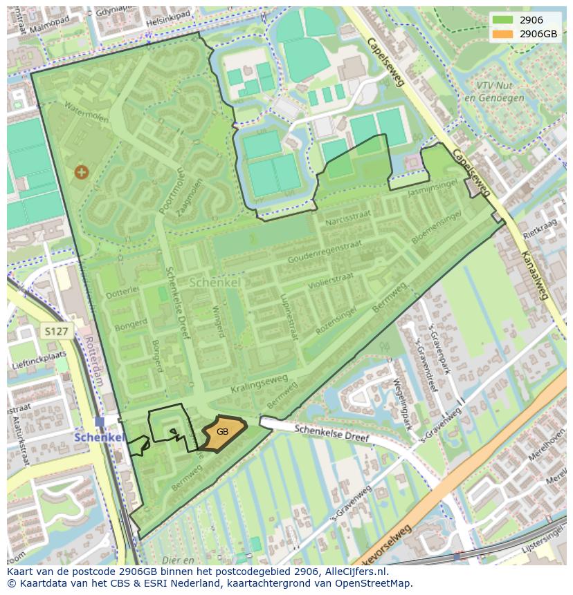 Afbeelding van het postcodegebied 2906 GB op de kaart.