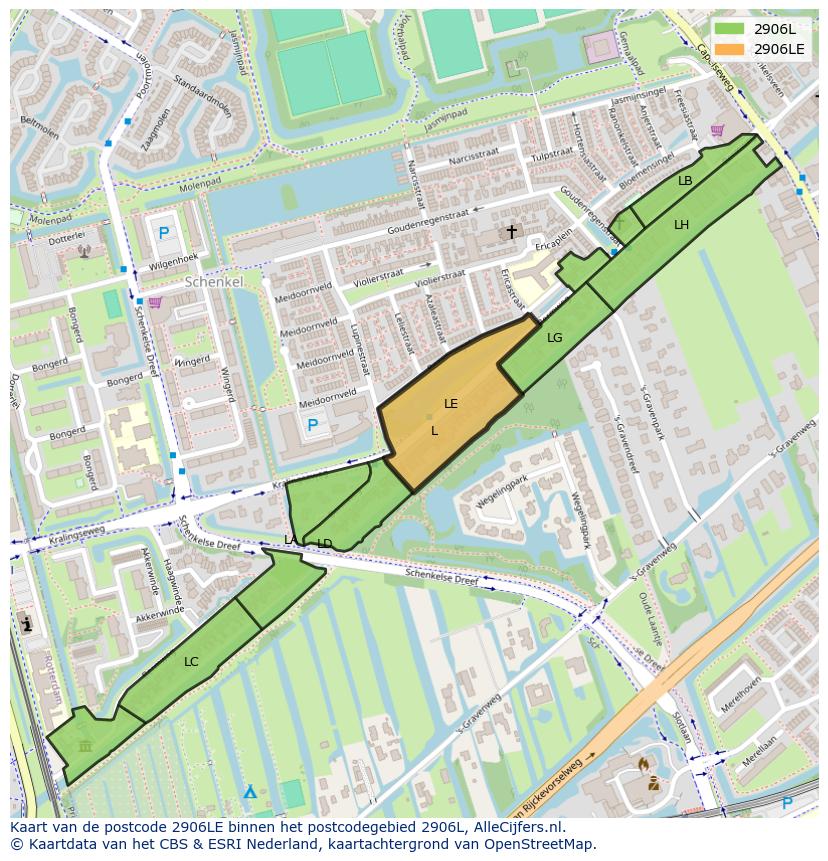 Afbeelding van het postcodegebied 2906 LE op de kaart.