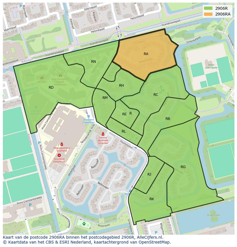 Afbeelding van het postcodegebied 2906 RA op de kaart.