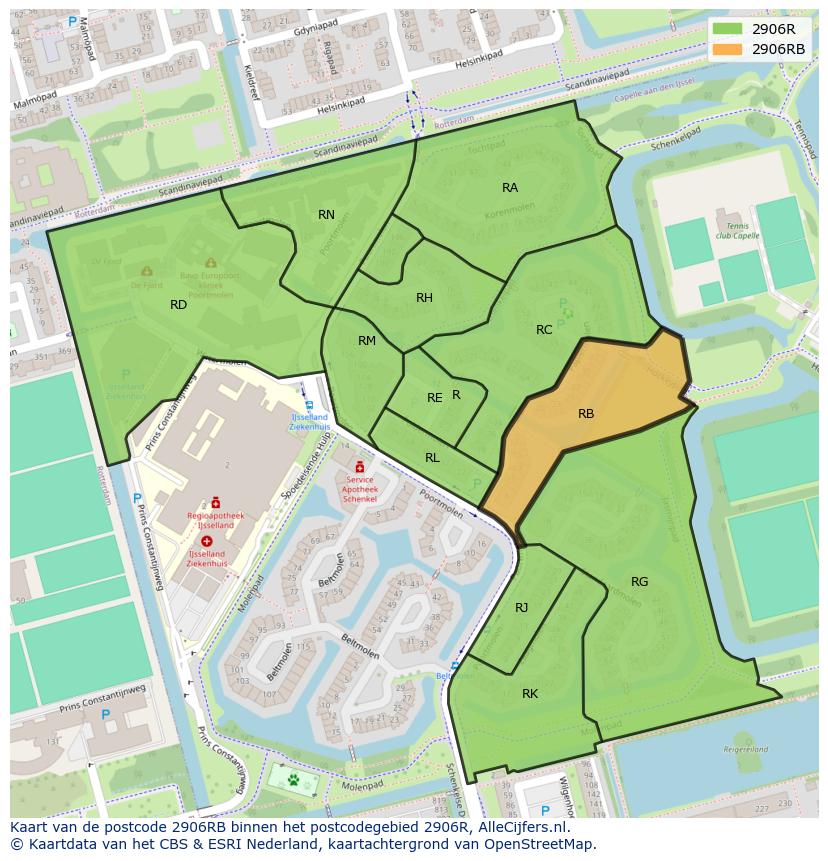 Afbeelding van het postcodegebied 2906 RB op de kaart.