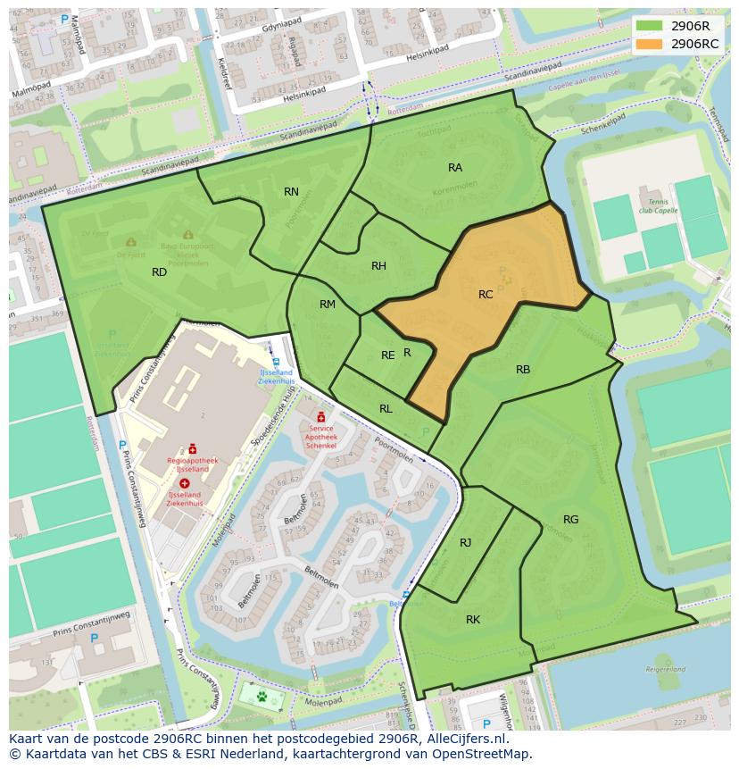 Afbeelding van het postcodegebied 2906 RC op de kaart.