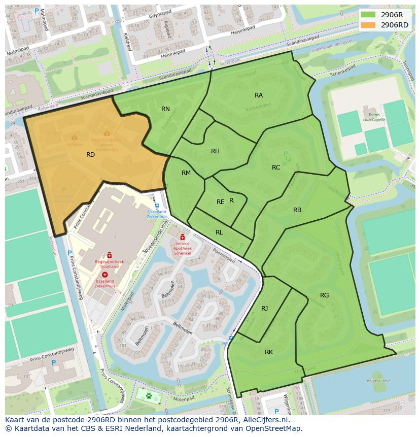 Afbeelding van het postcodegebied 2906 RD op de kaart.