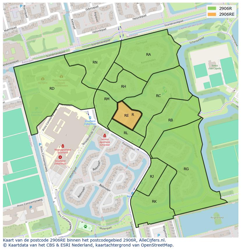 Afbeelding van het postcodegebied 2906 RE op de kaart.