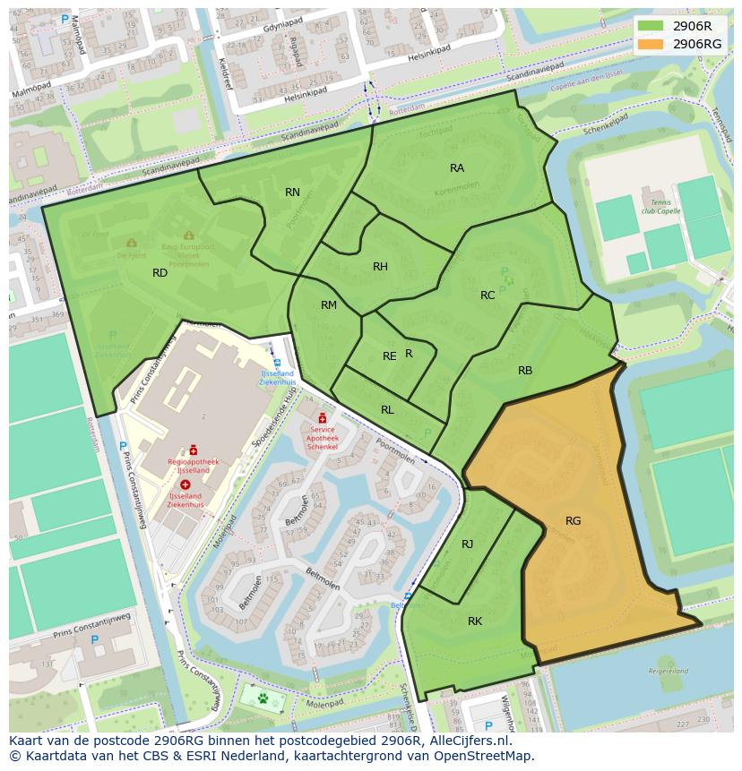 Afbeelding van het postcodegebied 2906 RG op de kaart.