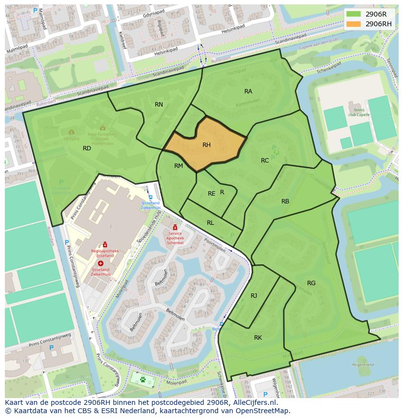 Afbeelding van het postcodegebied 2906 RH op de kaart.