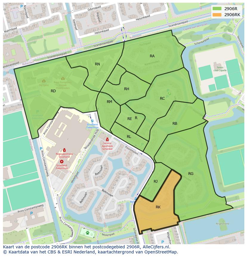Afbeelding van het postcodegebied 2906 RK op de kaart.