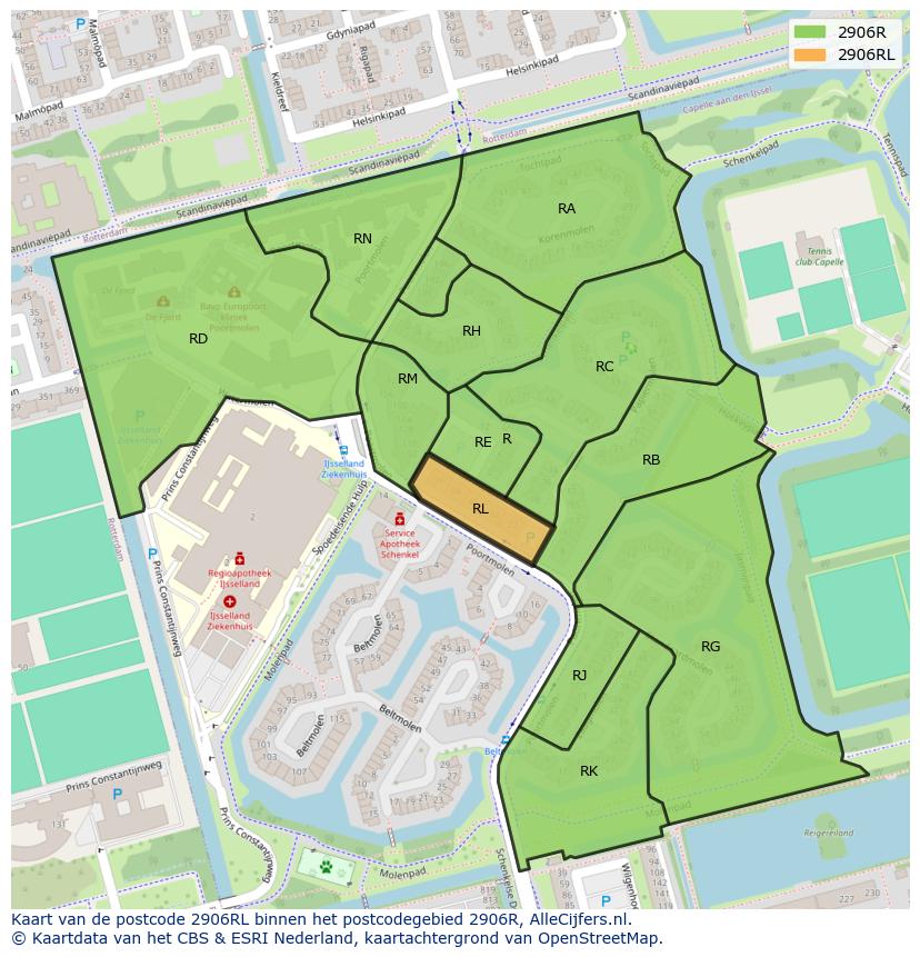Afbeelding van het postcodegebied 2906 RL op de kaart.