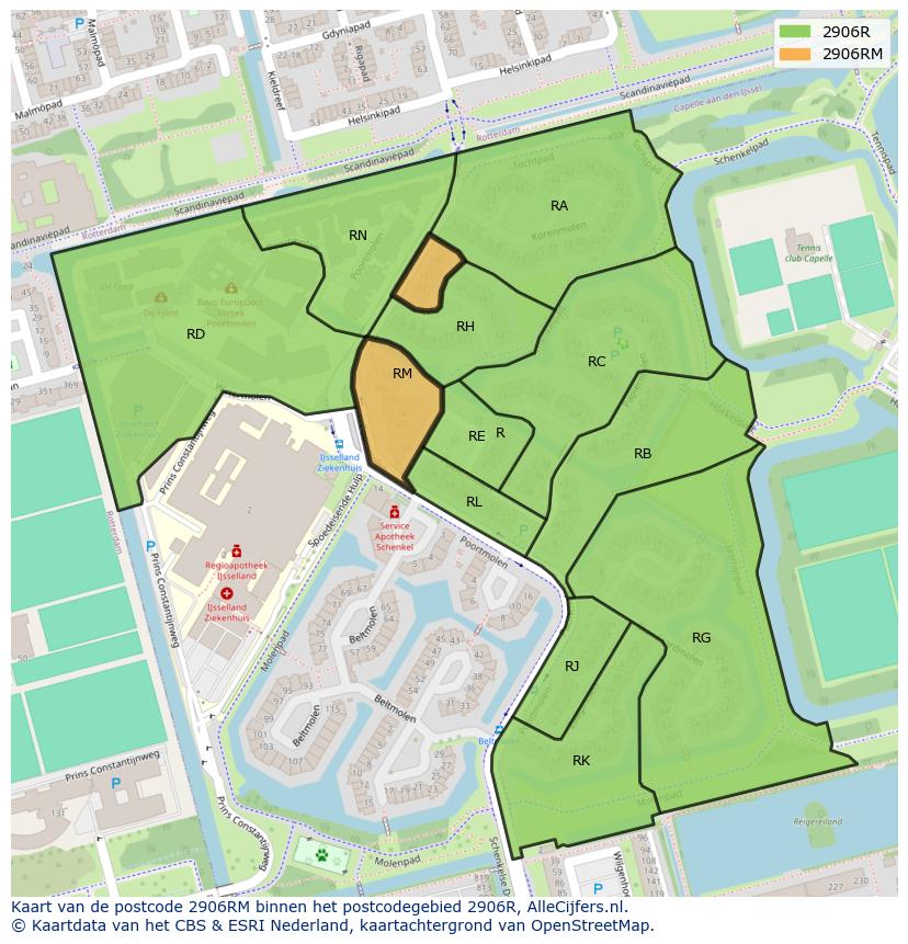 Afbeelding van het postcodegebied 2906 RM op de kaart.