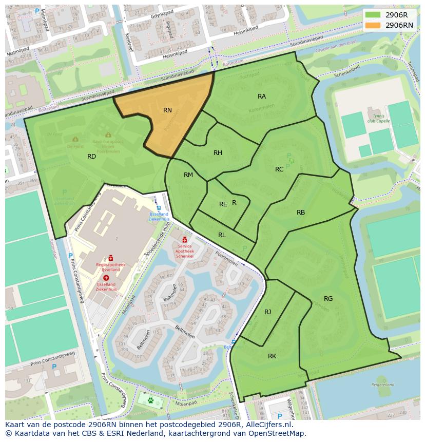 Afbeelding van het postcodegebied 2906 RN op de kaart.