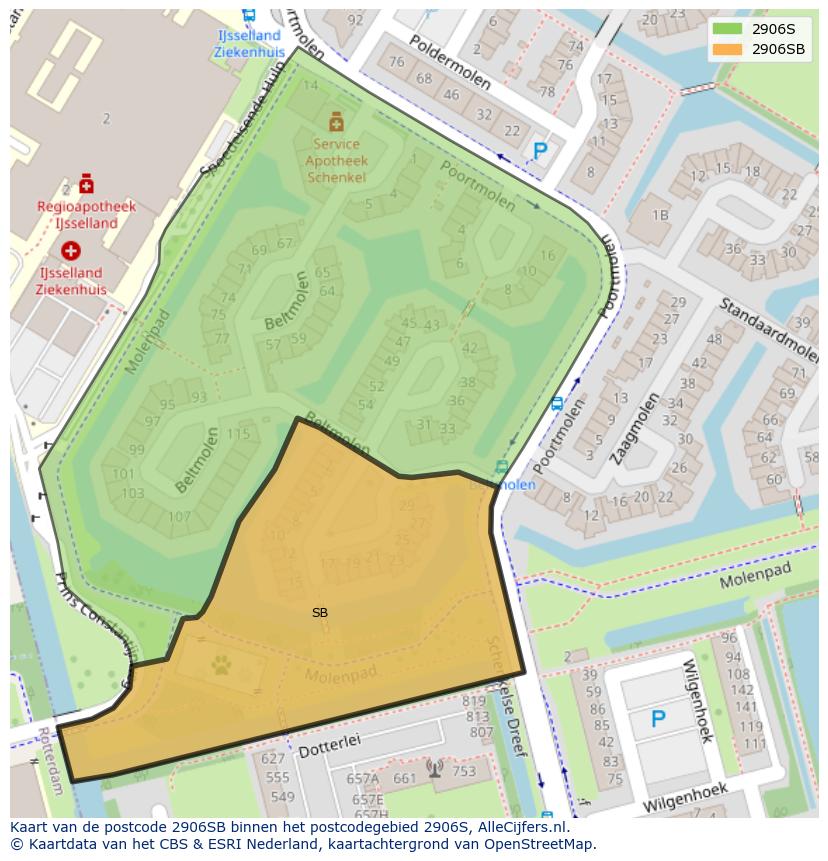 Afbeelding van het postcodegebied 2906 SB op de kaart.