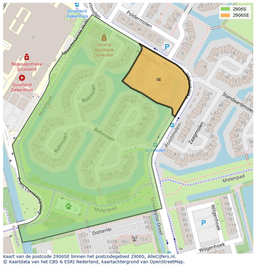 Afbeelding van het postcodegebied 2906 SE op de kaart.