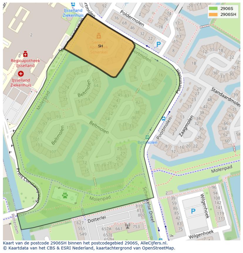 Afbeelding van het postcodegebied 2906 SH op de kaart.