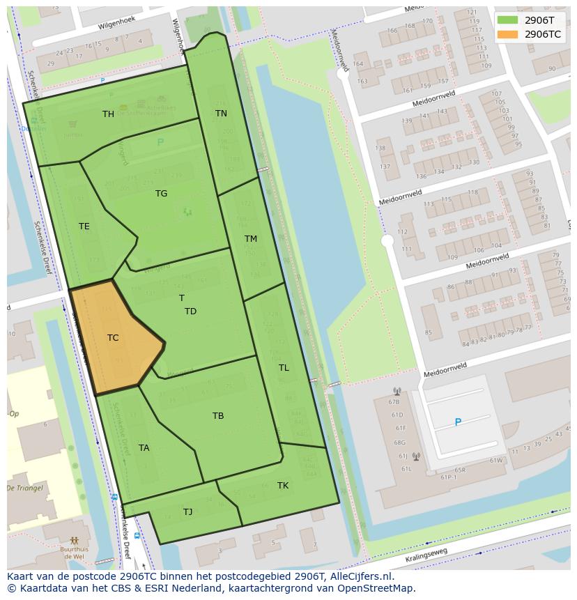 Afbeelding van het postcodegebied 2906 TC op de kaart.